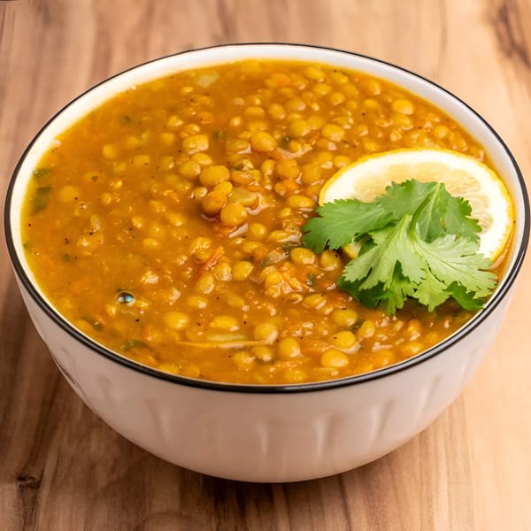A white bowl of yellow lentil soup, garnished with a lemon slice and fresh cilantro, on a wooden table.