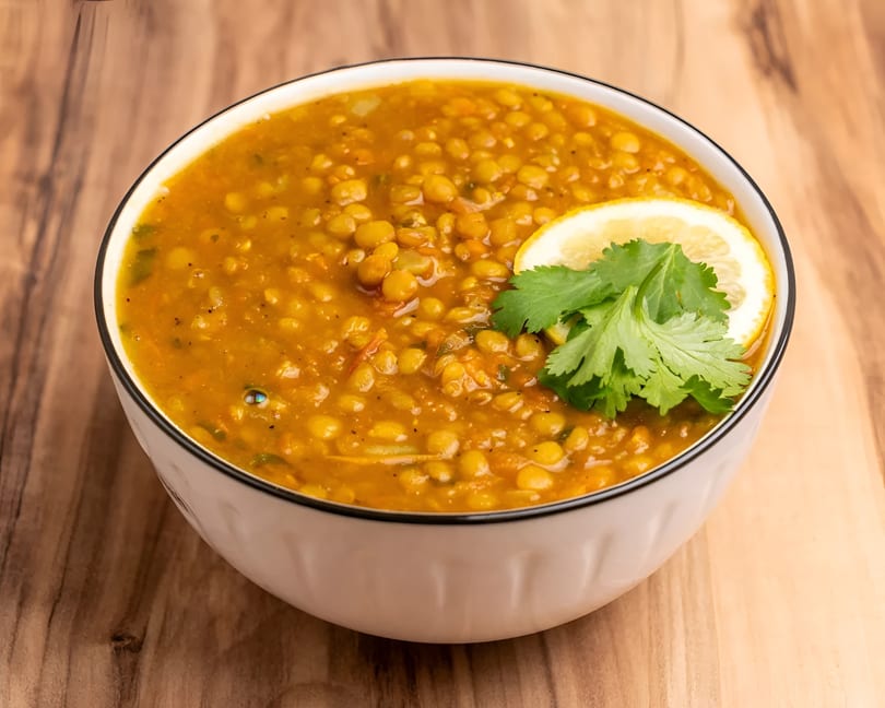 A white bowl of yellow lentil soup, garnished with a lemon slice and fresh cilantro, on a wooden table.