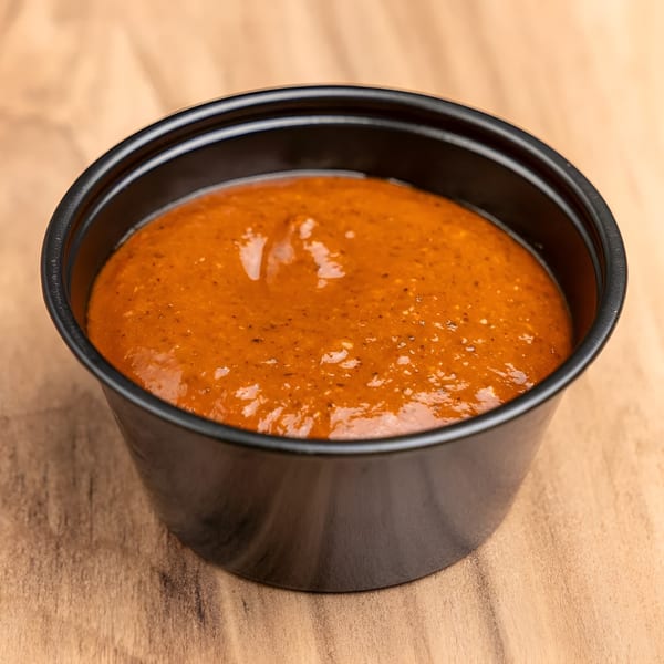 A black plastic cup filled with a vibrant orange-red sauce, speckled with spices, on a wooden surface.